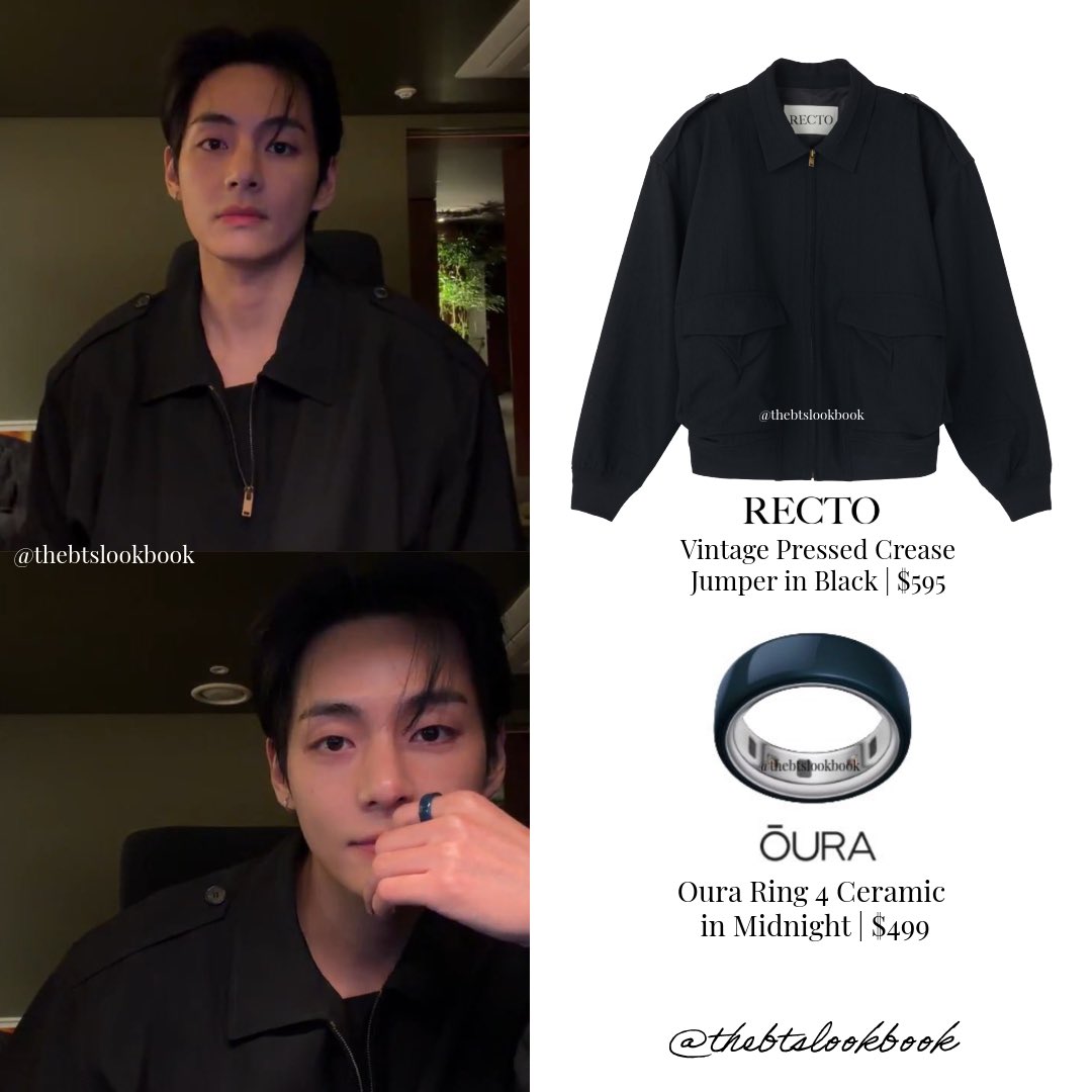 V wearing Recto “Vintage Pressed Crease Jumper” and <a href="/ouraring/">ŌURA</a> “Oura Ring 4 Ceramic in Midnight”

#V #kimtaehyung #뷔 #thvcloset #방탄소년단 #thebtslookbook #Alo 
 #thv #Recto #Oura #BTS #Weverse_LIVE