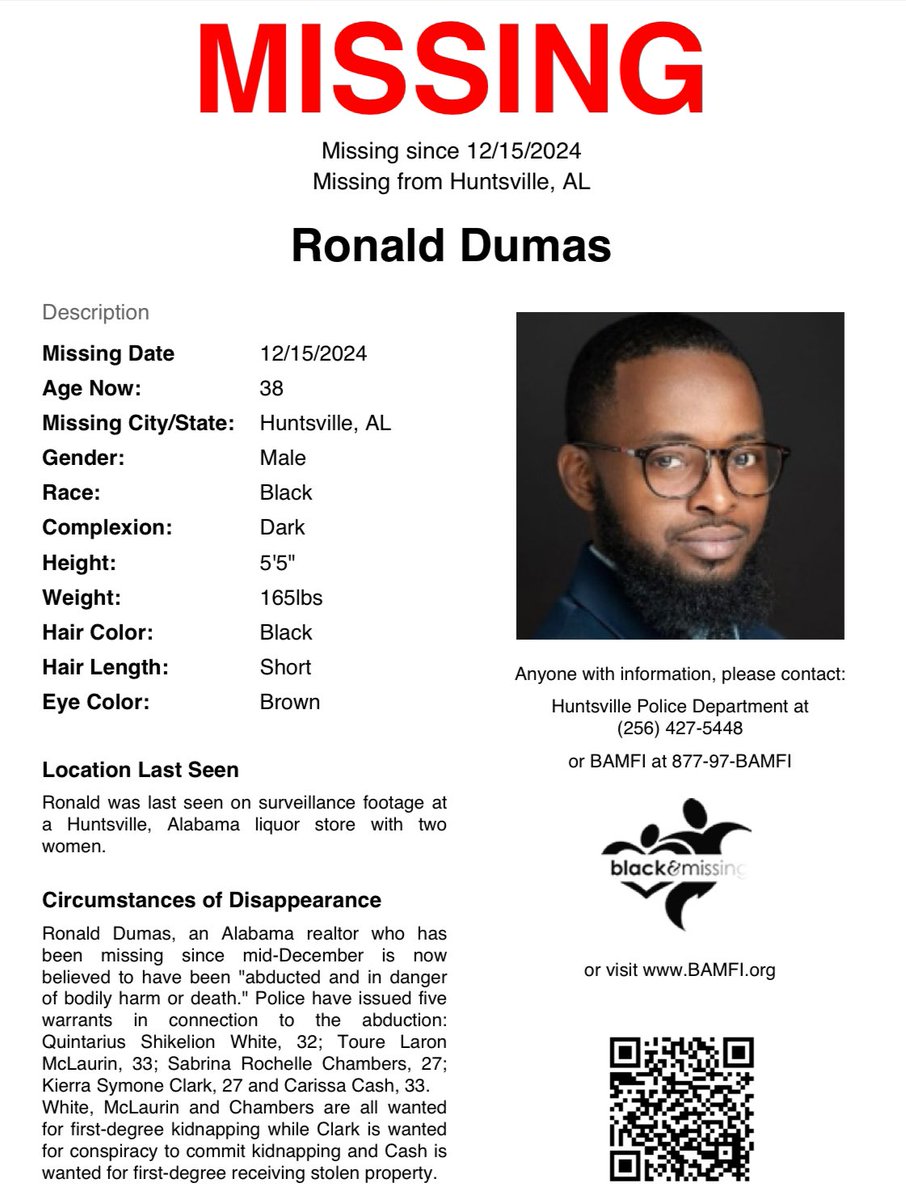 BAM_FI's tweet image. #Huntsville, #AL: Then 37y/o #RonaldDumas was last seen on surveillance at a liquor store with 2 women in a black trench peacoat, a black/blue colored sweater &amp;amp; black Polo boots on Dec 15, 2024. It is believed that he was "abducted and in danger of bodily harm or death." Police