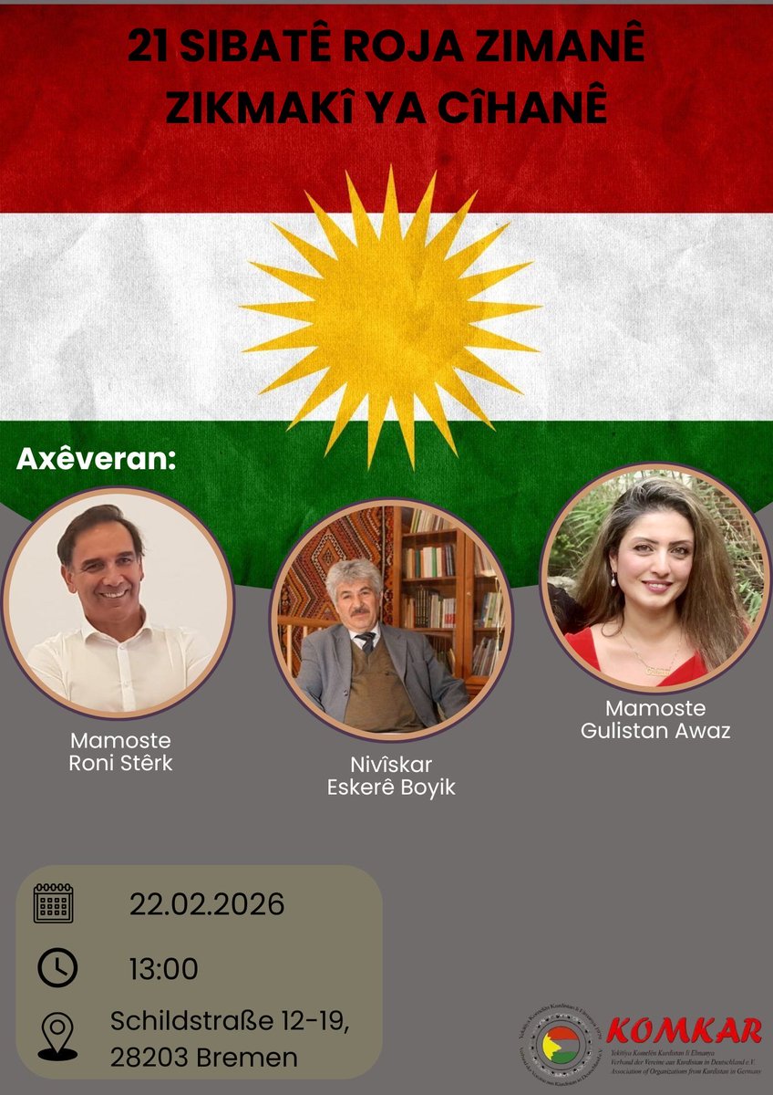 roni_strerk's tweet photo. Kurdîhezno em sibê (22.02.2026) li Bremen Komkarê ne. Kerem bikin, em ê bi beşdarbûna we kêfxweş bibin. https://t.co/lTQ7oud9es