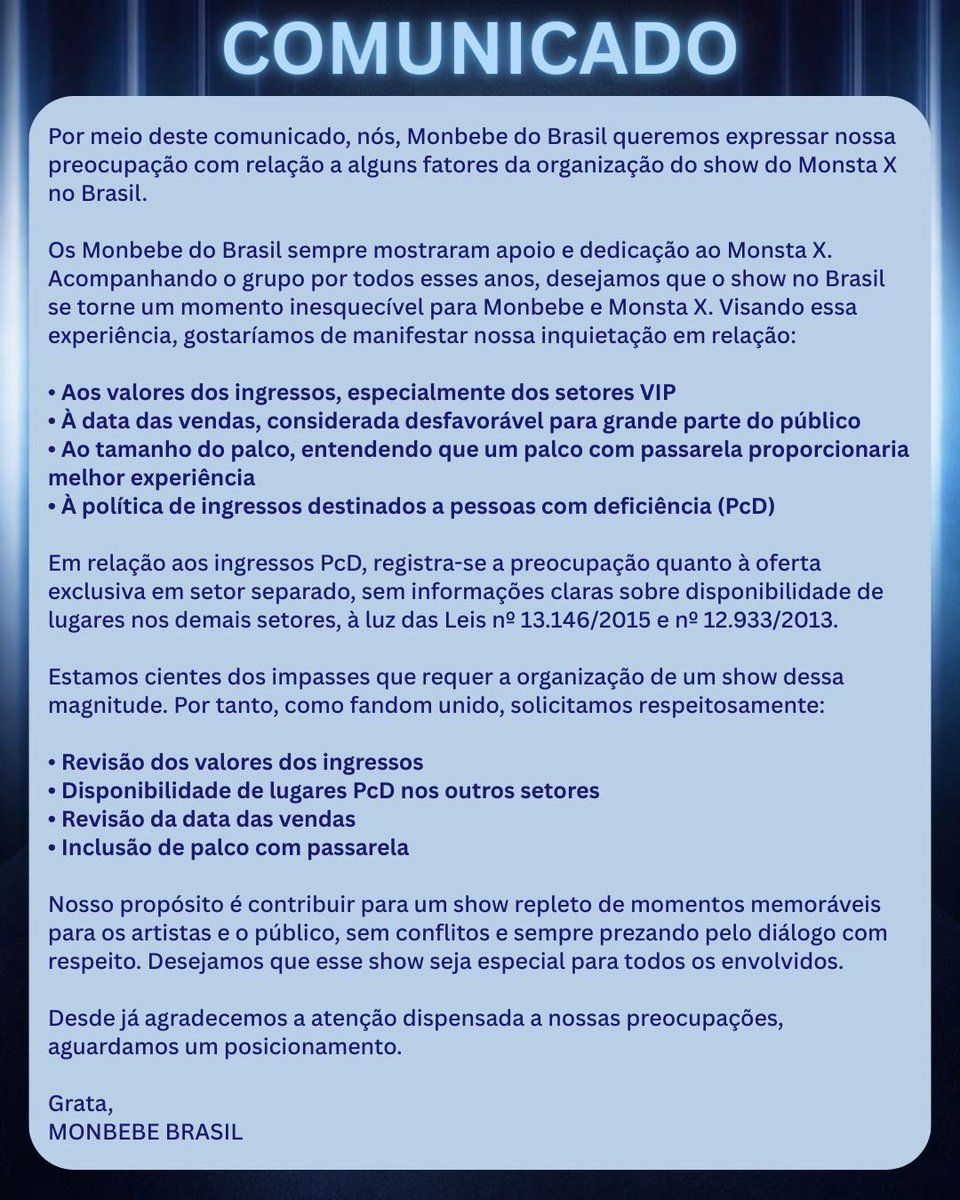 Queremos viver uma experiência incrível ao lado do MONSTA X, construída com respeito e diálogo.

Pedimos à <a href="/ninshi_ent/">Ninshi Entertainment</a> que considere nossos pedidos com atenção e transparência.

MONBEBE, vamos nos unir por algo mais justo para todos. 💙

Créditos: <a href="/centralmonbebe/">Central Monbebe</a>