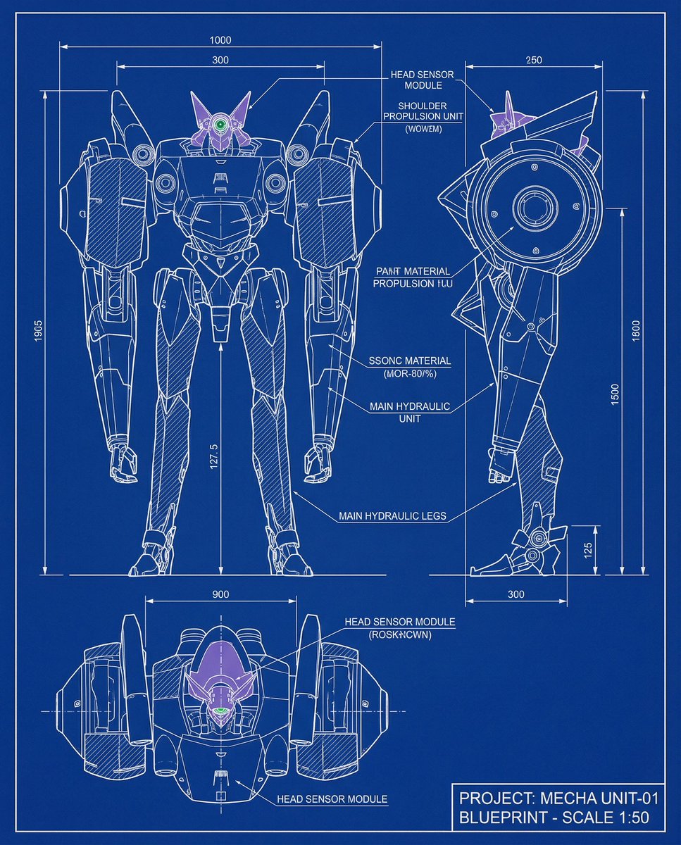 Mecha blueprint and model