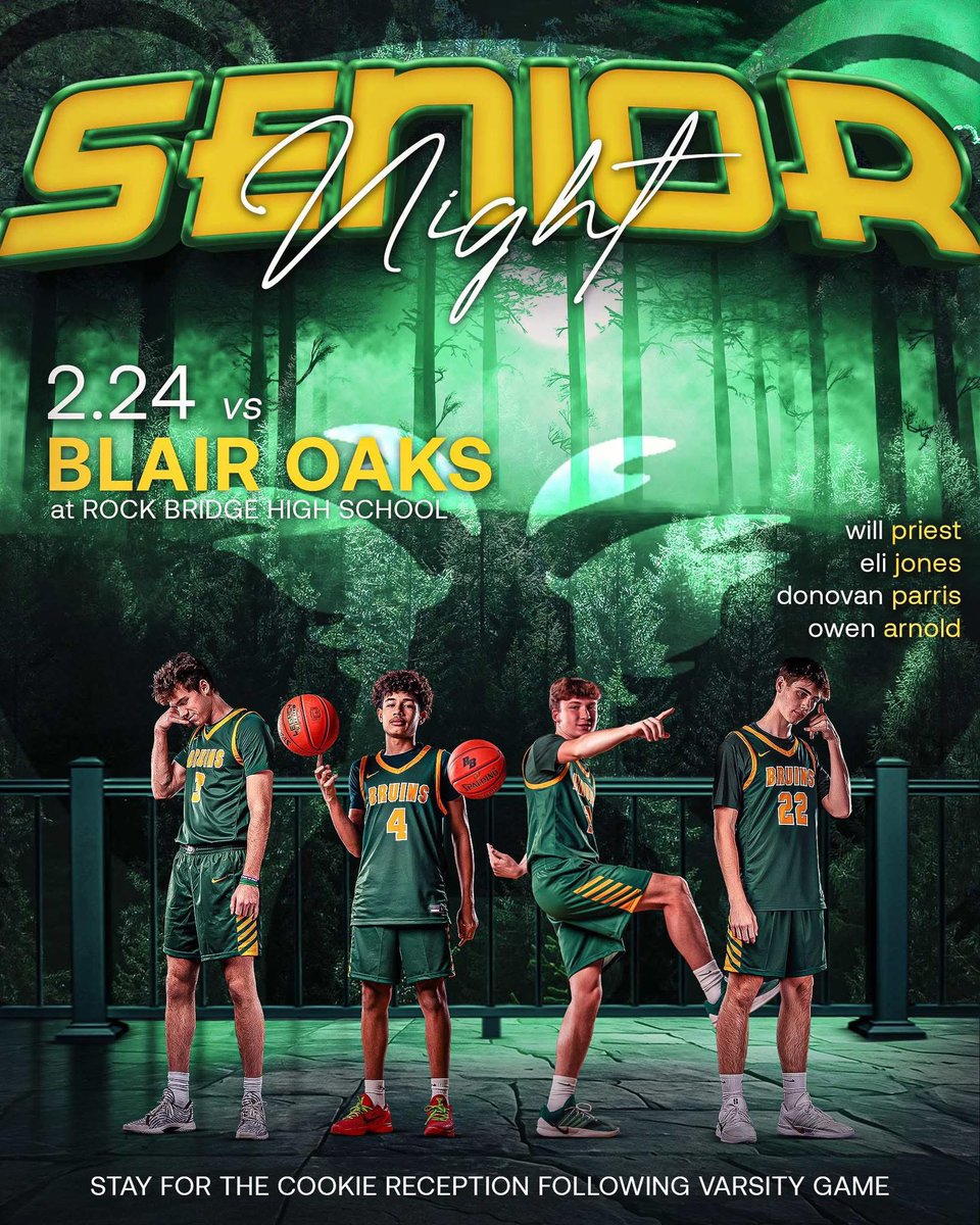 Come celebrate our Seniors on Tuesday, February 24th 7:15 pm — right after the JV game. 
🏀👨‍🎓💛🐻💚 
Everyone is invited to stay for a cookie reception in the cafeteria following the varsity game. We hope to see you there!