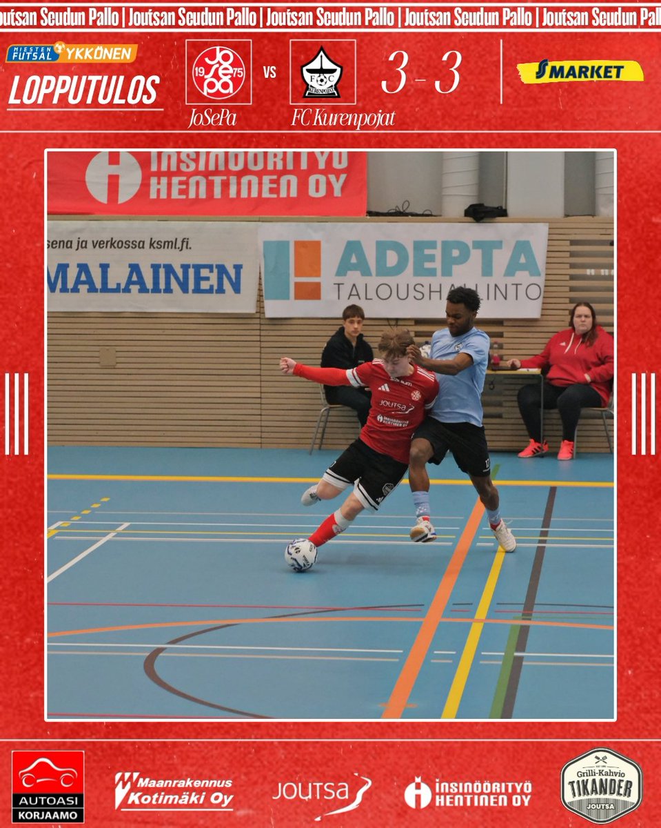 Se on draamaa loppuun asti. Vaikean alun jälkeen kolmen maalin takaa tasuri pisteeseen ja tasoitus maali sekuntti ennen loppua pilkusta! 🔥🔴⚽

#futsalfi #joutsa