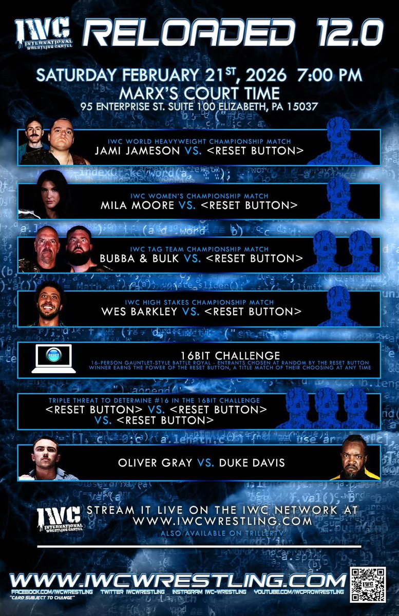 NickLendl's tweet photo. Tonight, @IWCwrestling presents #Reloaded 12.0 from Elizabeth, PA! 

It's the return of the #ResetButton!

Catch it #LIVE on #IPPV via #TrillerTV or the #IWCNetwork! Tickets available NOW at https://t.co/nzupb68iAP! 🎤 💪 https://t.co/9KvTUgEFgb
