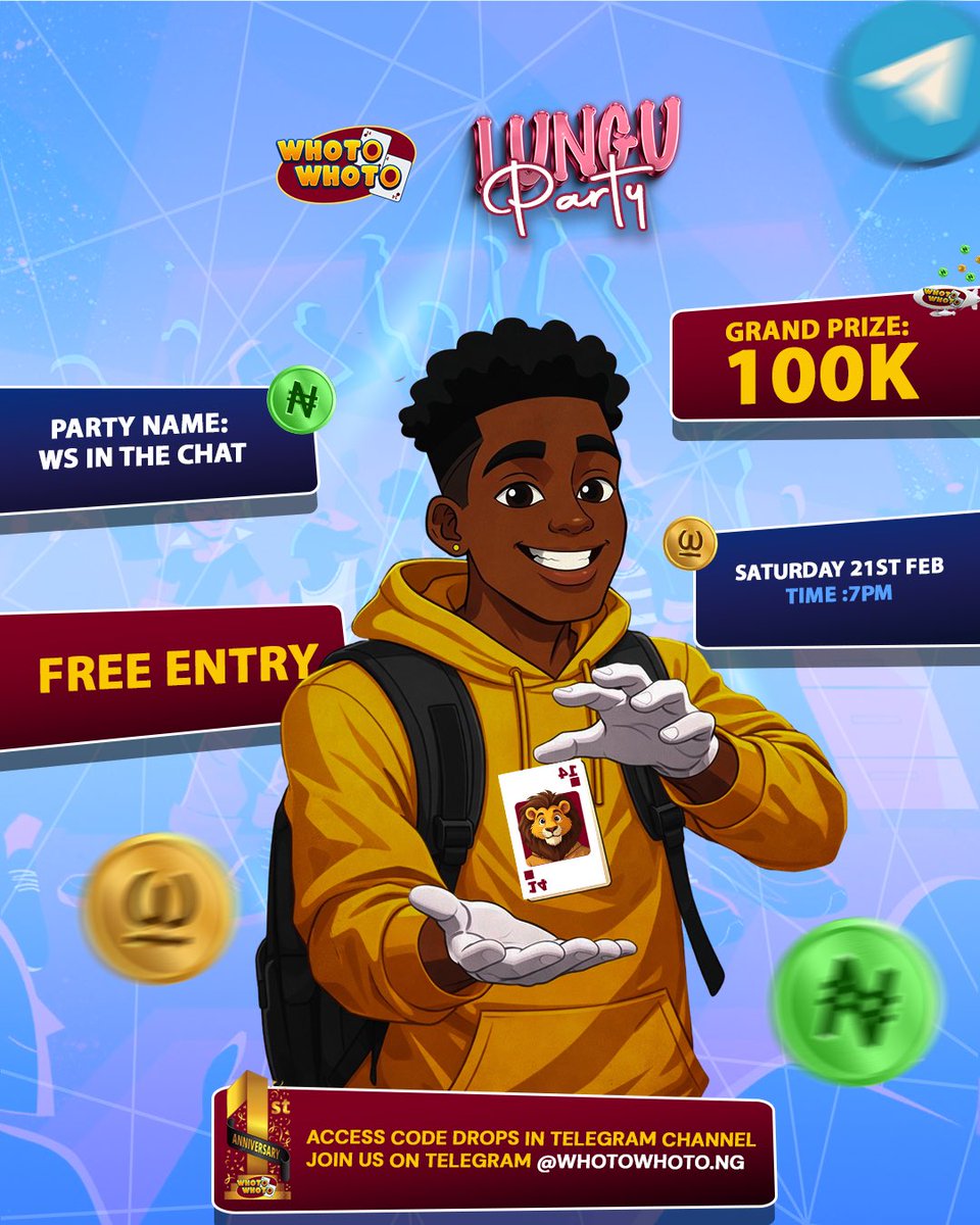 Still in the spirit of our one year anniversary, we’re taking the party to our telegram channel tonight. 🎉

Time: 7pm 

Duration: 1 Hr of free whot games.

🥇50k
🥈30k
🥉20k 

Join our telegram channel for the Lungu party code 👇 

t.me/whotowhotong