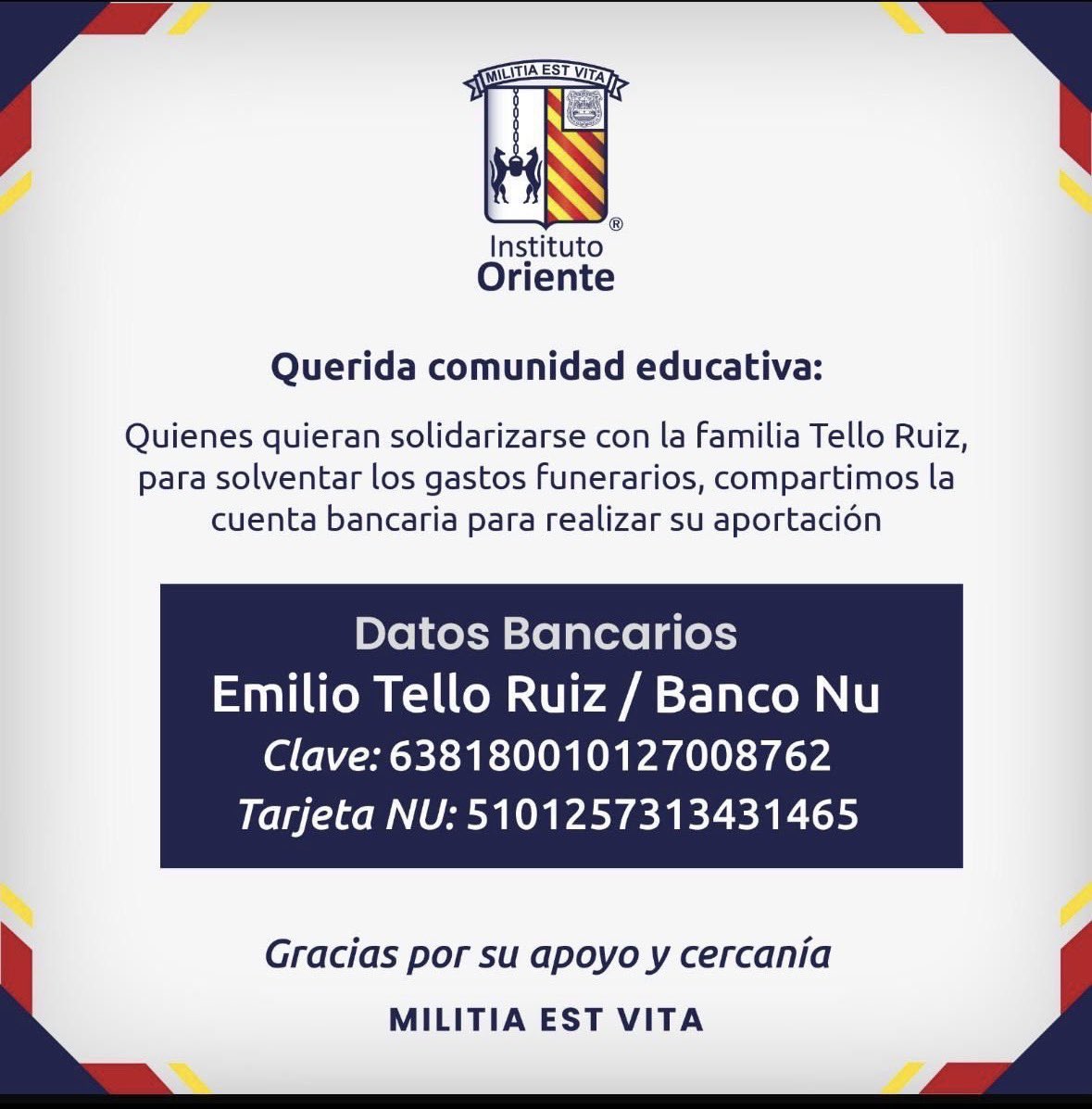 💳 Esta es la cuenta del hijo mayor del matrimonio Tello Ruiz para que la sociedad apoyemos en los gastos funerarios. 

🔄 Difundamos y apoyemos.