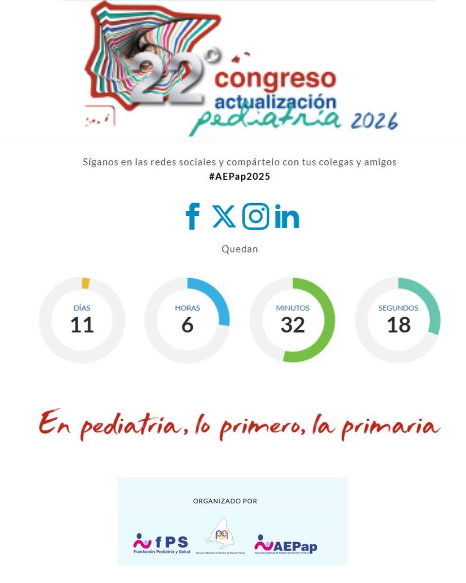 aepap's tweet photo. 🎓 Congreso AEPap 2026
Solo quedan 11 días para la celebración de la 22ª edición del Congreso AEPap de Actualización en pediatría, #aepap 2026! 
🗓️ 5,6 y 7 de marzo 
📍 Madrid
Info y enlace a la inscripción: https://t.co/NUPZwuU2YC
@CongresoAEPap https://t.co/fUkNQQAdtE