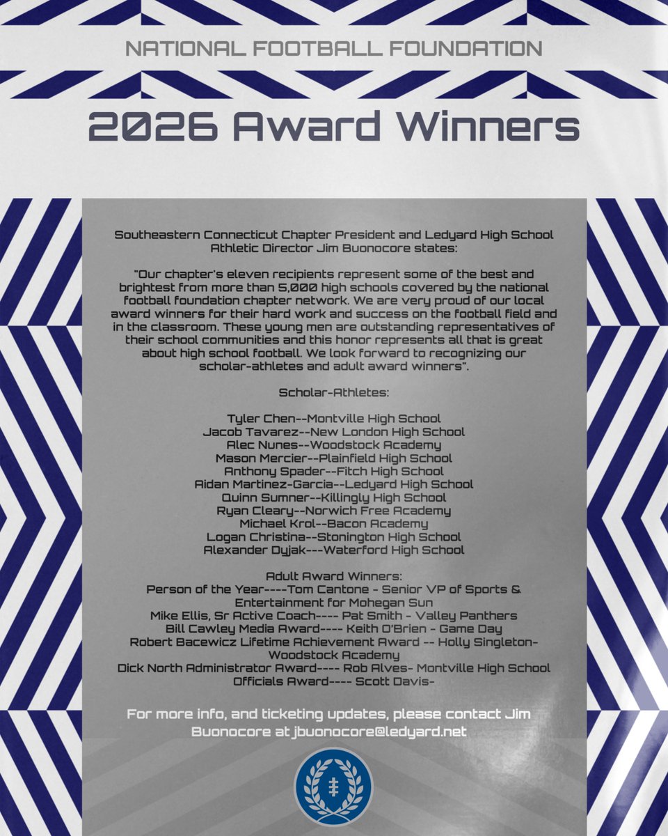 The Southeastern Connecticut Chapter of the National Football Foundation and Hall of Fame will hold their annual awards banquet on Wednesday April 1 at 6:15pm at Lake of Isles Golf Club and Resort <a href="/NFFNetwork/">National Football Foundation</a> #cthsfb