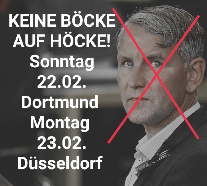 Anonymous00708's tweet photo. KOMMT ALLE‼️
Zu den großen 
GEGEN-#Höcke-DEMOS!
Sonntag 22.02. 
16.30 Uhr
#Dortmund Friedensplatz
Montag 23.02.
17 Uhr
#Düsseldorf-Garath Bahnhof
SEID LAUT!
5000 (Dü)
1000 (Do)
werden erwartet!
VERDOPPELN WIR ES!
Weitersagen! Teilen!
FCK AFD!
#Edeka #Spahn
#cdupt26 #Parteitag https://t.co/d0mtO1pwxp