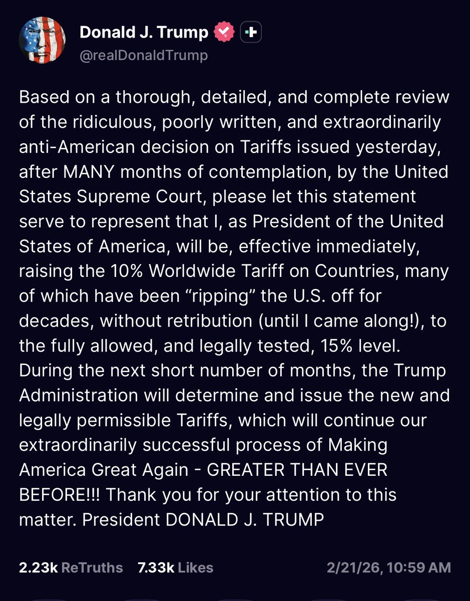 Trump just doubled down. 

This morning he raised the global tariffs from 10% to 15%.

Enjoy the Show 🍿

🔗 truthsocial.com/@realDonaldTru…