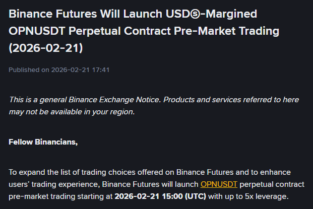 Neophyte54's tweet photo. Binance has already listed OPN Pre-Market futures.
TGE is getting closer and closer.

@opinionlabsxyz
#opiniontrade #opinion https://t.co/9x6156tz6D