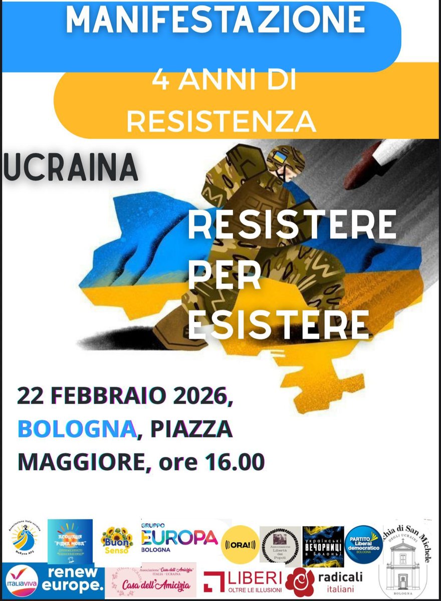 Amici io domani sarò a Bologna per sostenere l'Ucraina nel quarto doloroso anniversario, ma qui sotto vi metto una lista di tutti gli eventi in tutta Italia!

Mi raccomando scendete in piazza, la vostra voce vale mille volte di più di quella dei giullari di Putin. 💙 😉