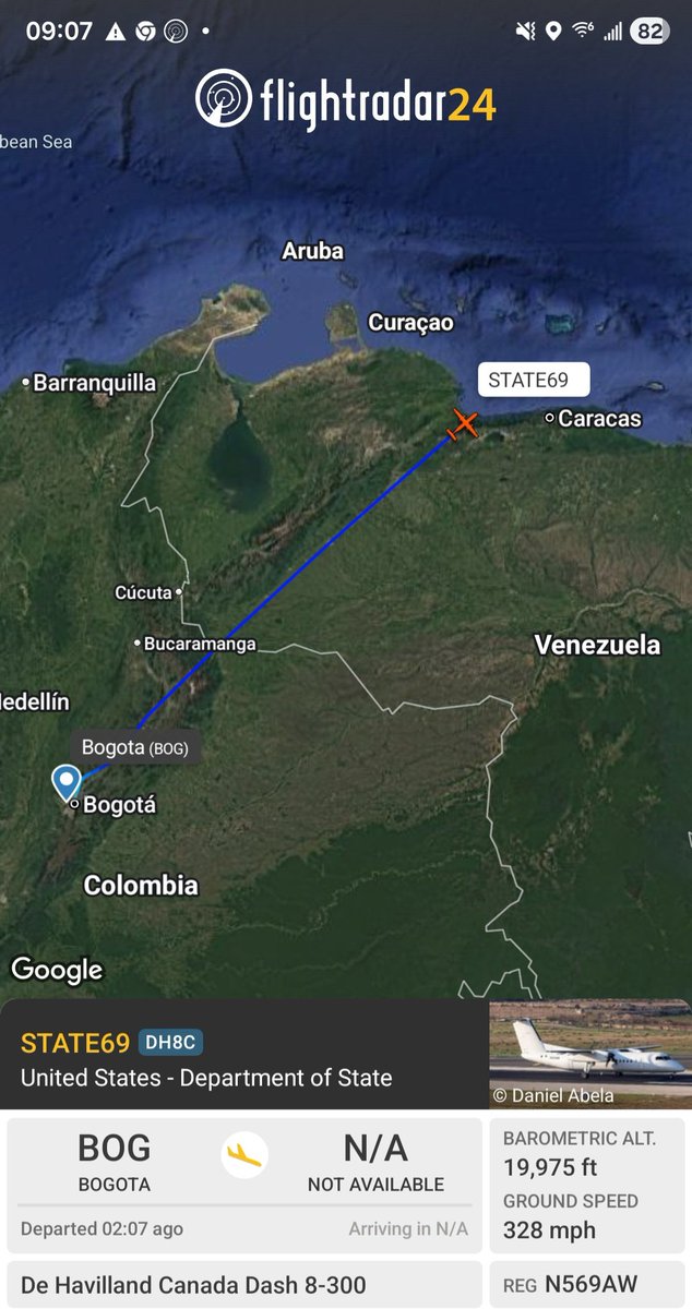 Borrowed7Time's tweet photo. US State Dept Dash 8-300 N569AW #A7486E as STATE69 en route from Bogota to Caracas.
@sipjack1776 @LadyAstroJet @LatAmMilMVMTs https://t.co/JODk0rS20L