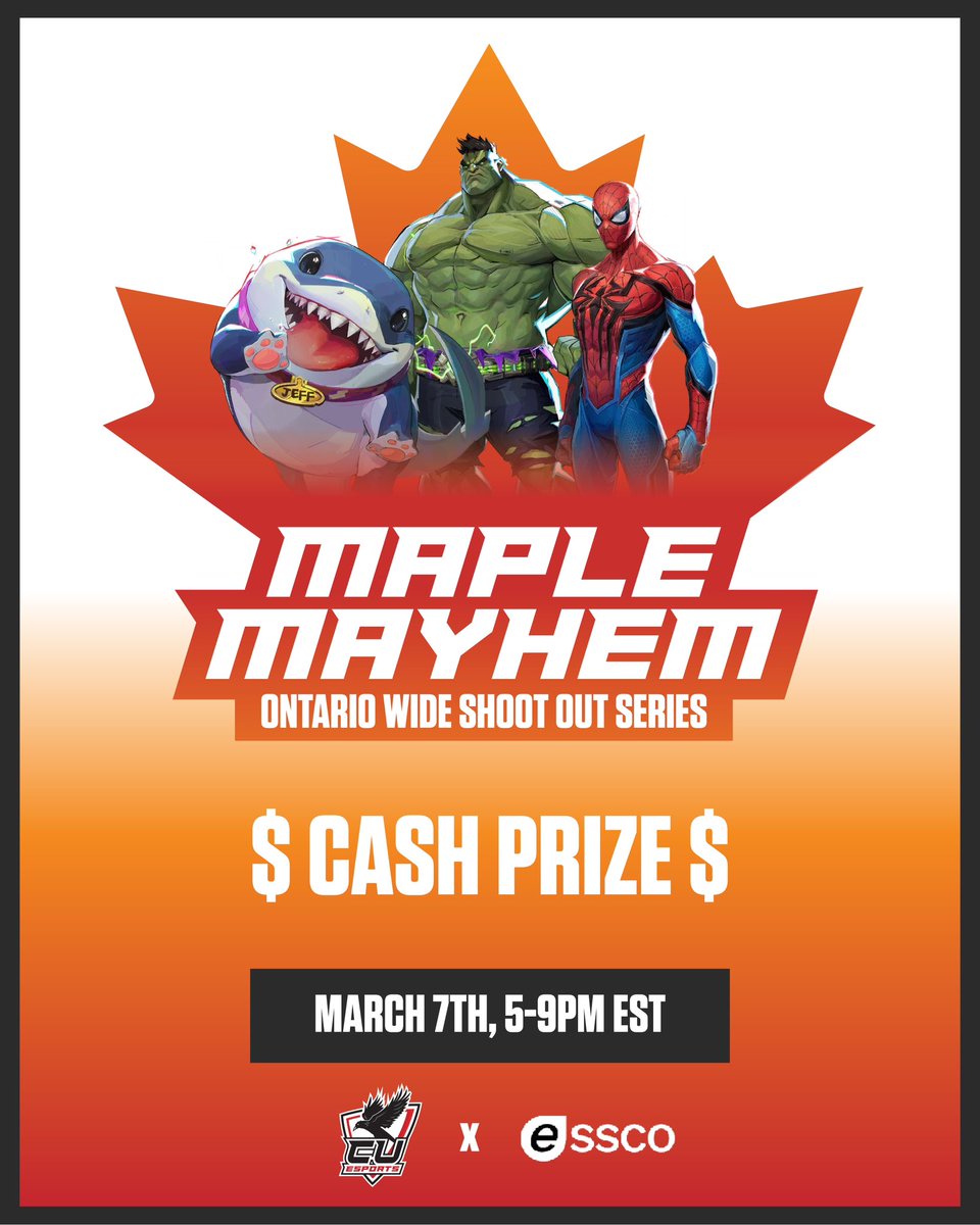 EsportsCarleton's tweet photo. CUEsports is partnering with ESSCO to bring you an Ontario-wide MARVEL RIVALS Tournament!
🍁 MAPLE MAYHEM 🍁

🗓️DATE: March 7th 5-9PM
📍LOCATION: TMU REDBULL GAMEHUB IN PERSON + ONLINE 
💵CASH PRIZE: TBA

🛑REGISTRATION ENDS MARCH 4TH🛑

https://t.co/48idVBgWuB https://t.co/F6KoLPCifh