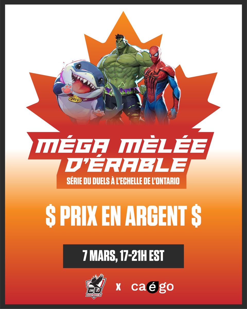 EsportsCarleton's tweet photo. CUEsports is partnering with ESSCO to bring you an Ontario-wide MARVEL RIVALS Tournament!
🍁 MAPLE MAYHEM 🍁

🗓️DATE: March 7th 5-9PM
📍LOCATION: TMU REDBULL GAMEHUB IN PERSON + ONLINE 
💵CASH PRIZE: TBA

🛑REGISTRATION ENDS MARCH 4TH🛑

https://t.co/48idVBgWuB https://t.co/F6KoLPCifh