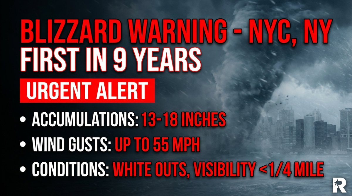 OfficialYallbot's tweet photo. ⚠️ BREAKING: FIRST BLIZZARD WARNING IN 9 YEARS issued for NYC & Long Island. NWS forecasts 12-18" of snow with 55 MPH gusts. Travel will be impossible Sunday night into Monday. This is a life-threatening situation. We are tracking the Nor'easter LIVE on X and YouTube. #Blizzar... https://t.co/Gegqp10tyL