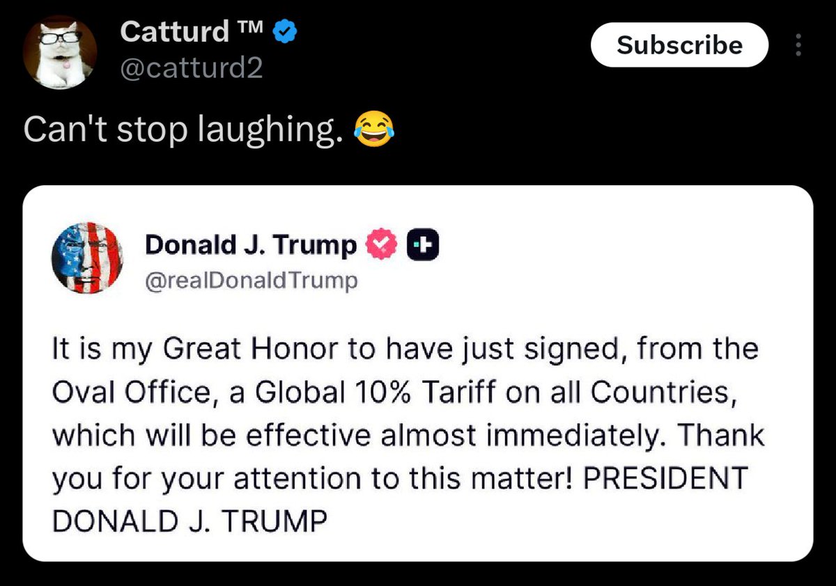 MAGA is now paying 10% more on every single import into  the United States and laughing and high-fiving each other while they do so.

They're so absolutely brainwashed.
