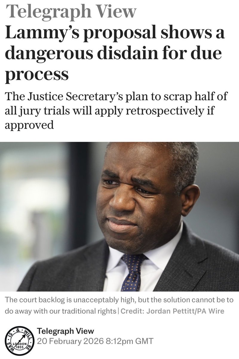 SpeechUnion's tweet image. “Mr Lammy’s plans must be called out for what they are: a brazen assault on an ancient British right. The court backlog is unacceptably high. However, the solution cannot be to do away with our traditional rights.”

Despite warnings from all four Bar Councils, Starmer’s former
