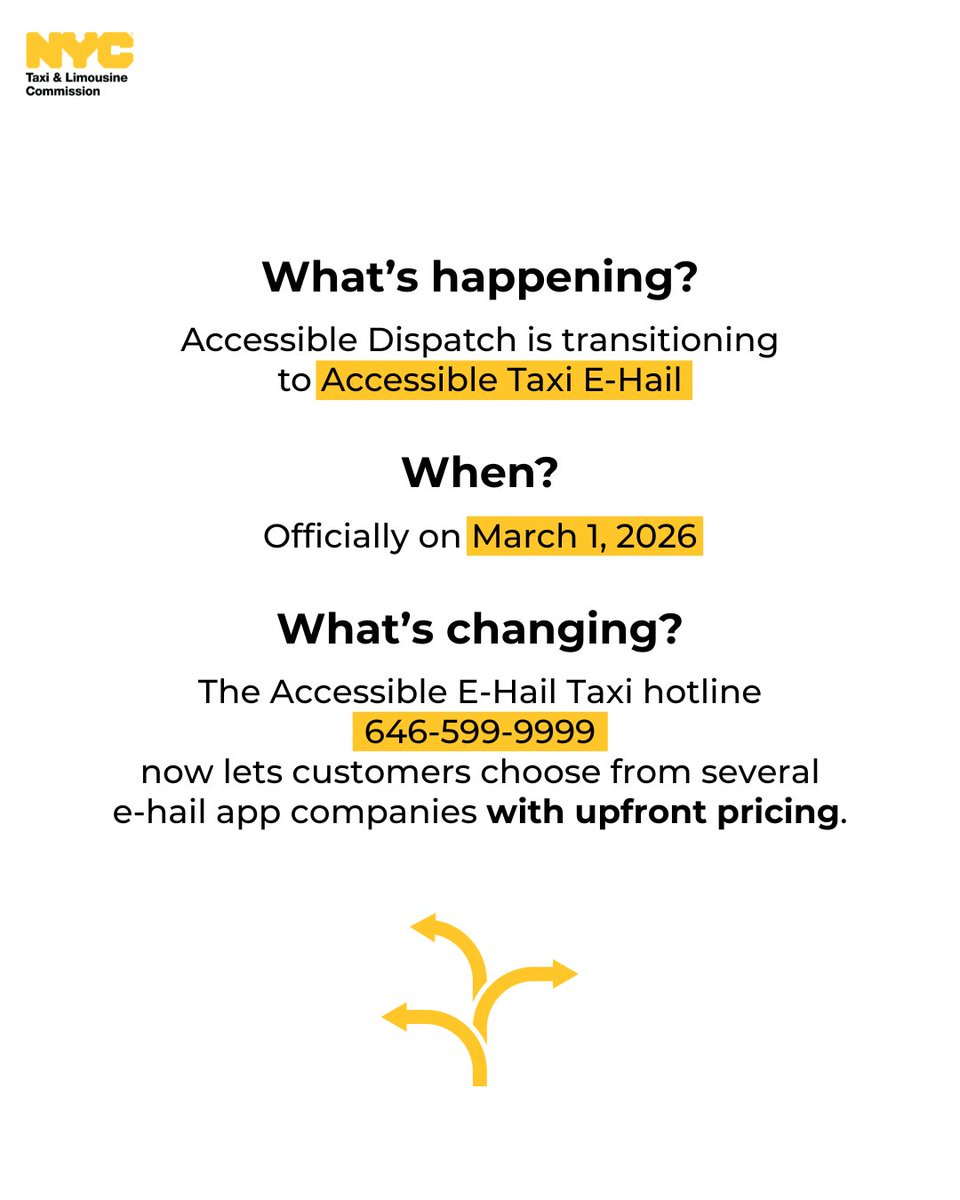 nycaccessible's tweet photo. Did you know @nyctaxi's Accessible Taxi E-Hail model launched in July 2025? That means the only thing changing on March 1, 2026 is your options when you call 646-599-9999.

Learn more: https://t.co/Sv8Nkeq4gF https://t.co/Bx5EEFTEnD