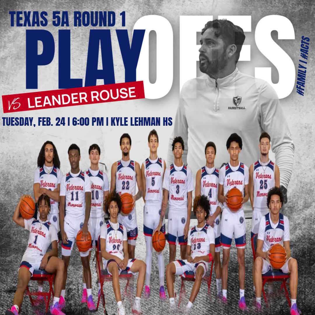 HoopsVmhs's tweet image. The first round of the playoffs is set!

📅 February 24, 2026
🆚 Leander Rouse
⏰ 6:00 PM
📍 Kyle Lehman High School

Come support your Patriots as we start our playoff journey. Let's pack the gym and be LOUD 🗣️ Letssss Gooooo!!

#Family l #ACTS