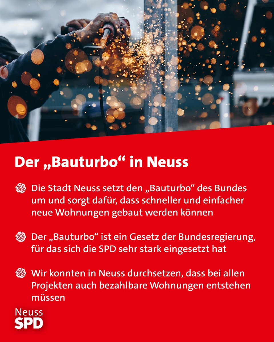 Mit dem Bauturbo 🚀der Bundesregierung sorgt die Stadt Neuss dafür, dass dringend benötigte Wohnungen schneller und unbürokratischer entstehen. 🏗️
So bleibt Wohnen in Neuss auch künftig bezahlbar. 🏠
Mehr zum Thema findest Du hier: spd-neuss.de/2026/02/22/meh…