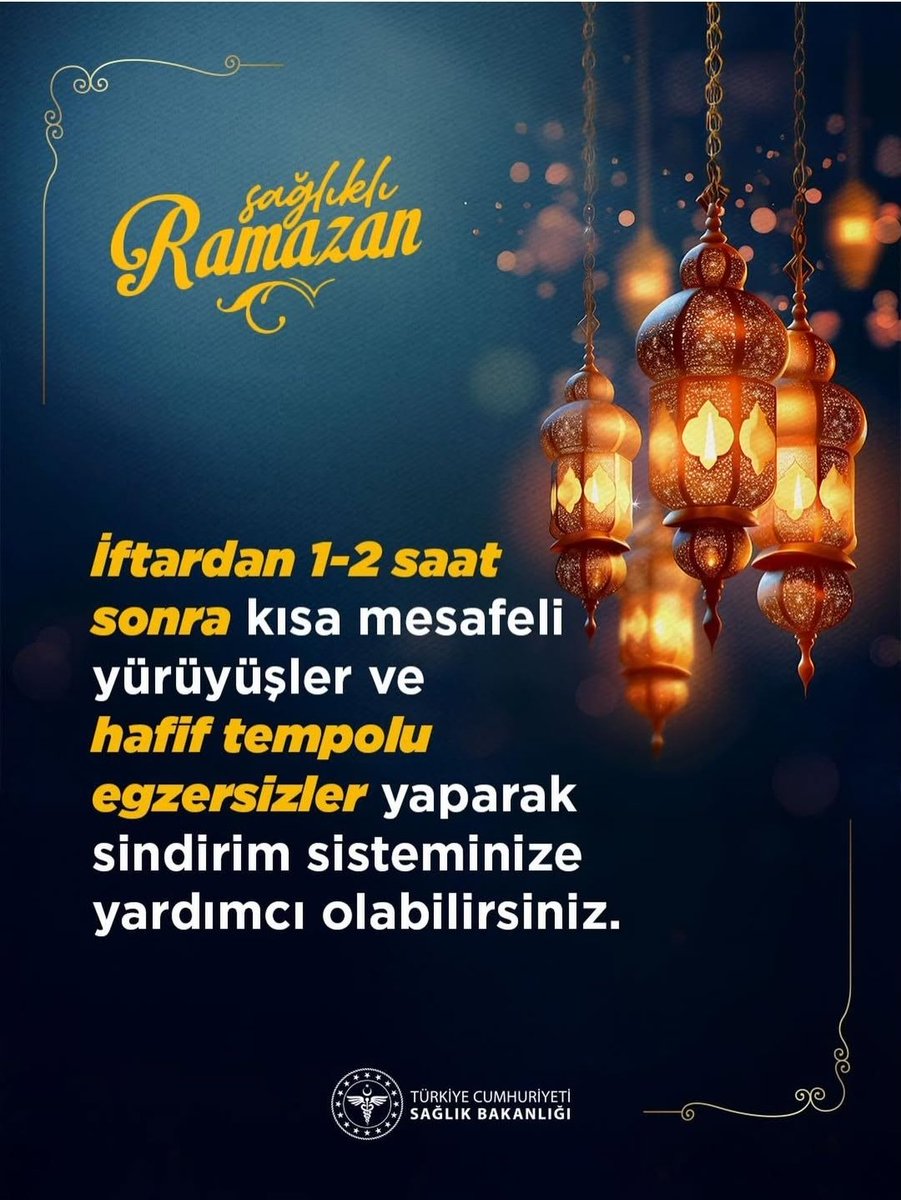İftardan 1-2 saat sonra kısa mesafeli yürüyüşler ve hafif tempolu egzersizler yaparak sindirim sisteminize yardımcı olabilirsiniz.
#sağlıklıramazan