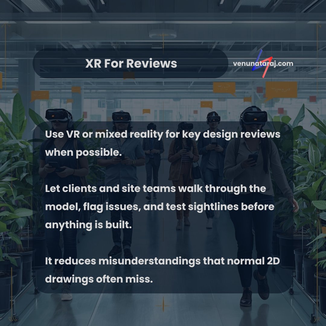 venunataraj's tweet image. Use VR or mixed reality for key design reviews when possible. 🥽

Allow clients and teams to review the model, identify issues, and test sightlines before construction. 👥

It minimizes common 2D drawing errors.🖌️

#PMTips #VRReview #VenuNataraj #XRInConstruction