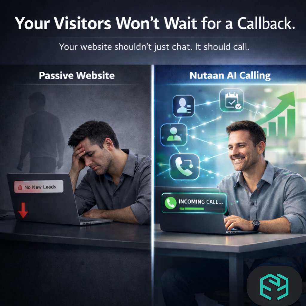 Nutaan_AI's tweet photo. Your website shouldn’t just chat.
It should call.

Most websites just wait.

They wait for clicks.
They wait for forms.
They wait and lose customers silently.

The problem isn’t traffic. It’s engagement. That’s revenue gone.

Now imagine this:

Your website detects intent.
Triggers an AI call instantly.
Qualifies the lead.
Books the appointment.

No forms.
No delays.
No missed opportunities.

That’s what the Nutaan Calling Widget does.

Your website should act like a salesperson.

Not a brochure.

Turn your website into a sales machine.
Install Nutaan : https://t.co/G2Z7uANEXd

#AIForBusiness #SalesAutomation #LeadGeneration #ConversionOptimization #MeetLab #LiveFeedback