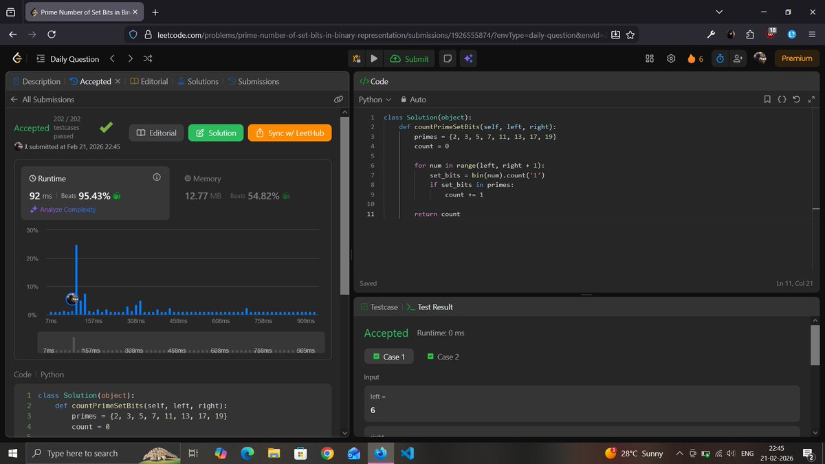janvi_0x's tweet image. Today’s Progress Update

• Solved LC 762: Prime Number of Set Bits in Binary Representation (easy peasy)
• Applied to multiple roles on Internshala
• Received a few AI screening assessments
• Got assigned a new issue

#LeetCode #OpenSource #JobHunt #CodingJourney
