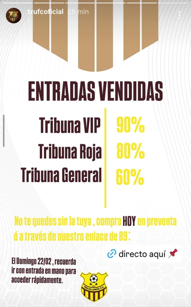 Trujillanos informó en IG que así va la venta de entradas para este domingo ante Portuguesa en Valera. Si se confirma, sería un ambietazo en el José Alberto Pérez.