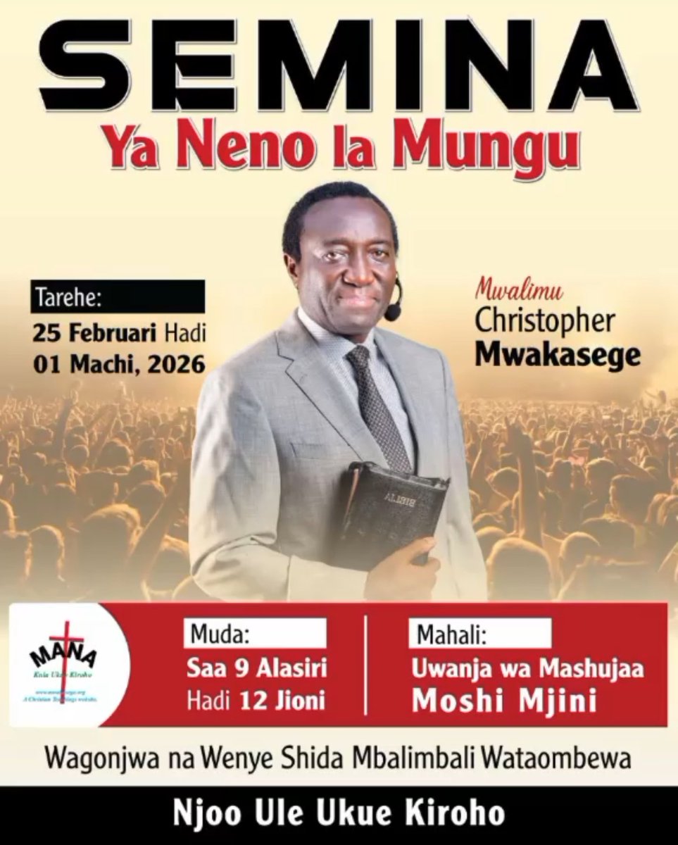 SHALOM SHALOM👋🏽
MKAZI WA  KILIMANJARO KARIBU KATIKA SEMINA YA NENO LA MUNGU

Na MWL CHRISTOPHER MWAKASEGE

Retweet iwafikie wengi
Mungu akubariki sana❤️