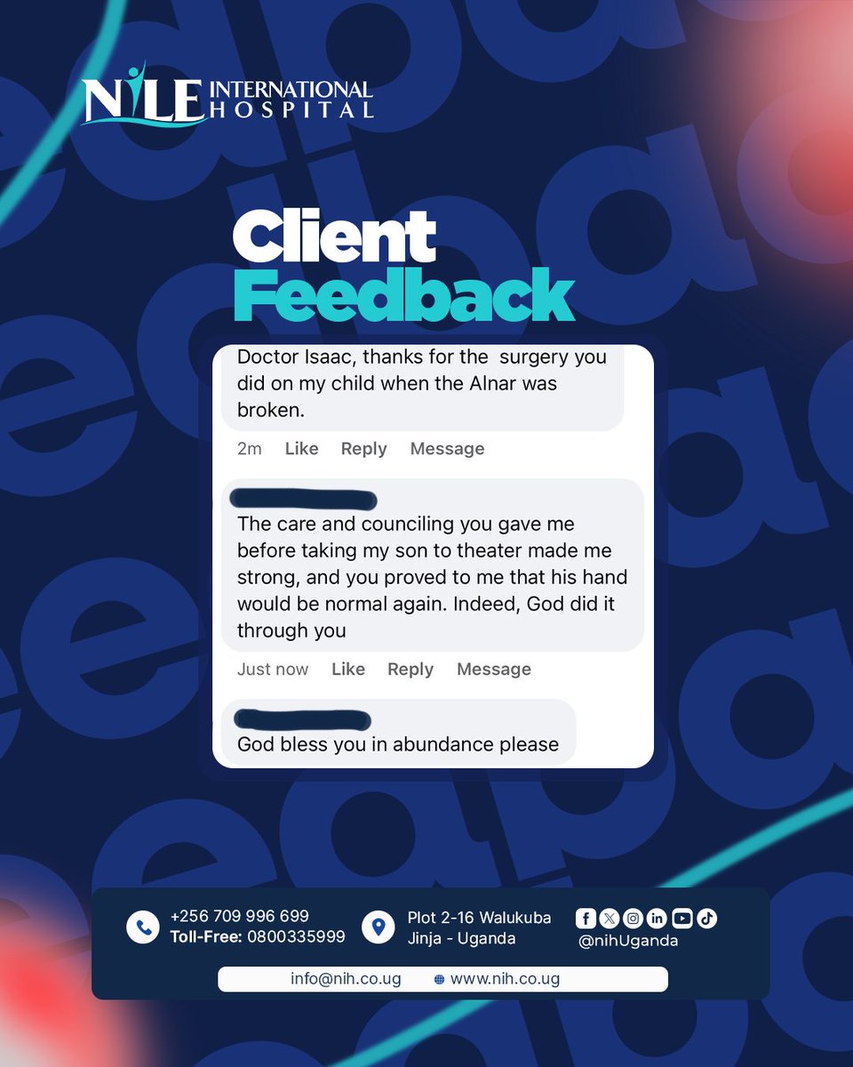 nihUganda's tweet image. Your feedback inspires our team every day.

We’ll be sharing some of your messages that motivate us to keep improving.

Thank you for trusting Nile International Hospital.

#NileInternationalHospital #PatientVoices #TrustedCare