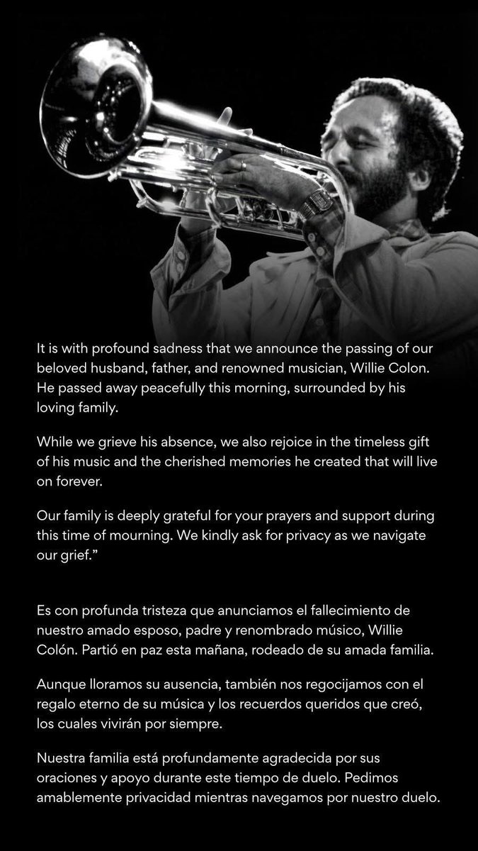 🚨#ÚltimaHora | Murió el trombonista y cantautor Willie Colón a los 75 años tras complicaciones de salud 👇🏼