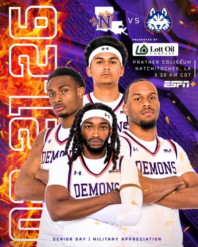NSUDemonsMBB's tweet image. Senior day

🆚 HCU
🕞 3:30 p.m.
📍 Natchitoches, La. 
🏟️ Prather Coliseum
📺 bit.ly/4apxHpf
📊 bit.ly/4qJBEtK

#ForkEm x #DemonTime