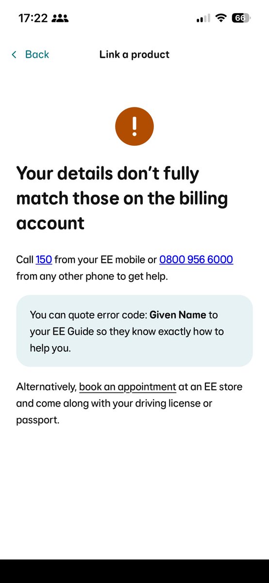 Dessimat0r's tweet photo. @EE could you please sort this out? my billing details match the ee app details. full name, dob, everything. at an ee store we fixed the billing name. online I fixed the date of birth. it's still saying I can't link the accounts. I shouldn't need to call any number to fix this. https://t.co/tMQTySBSd5