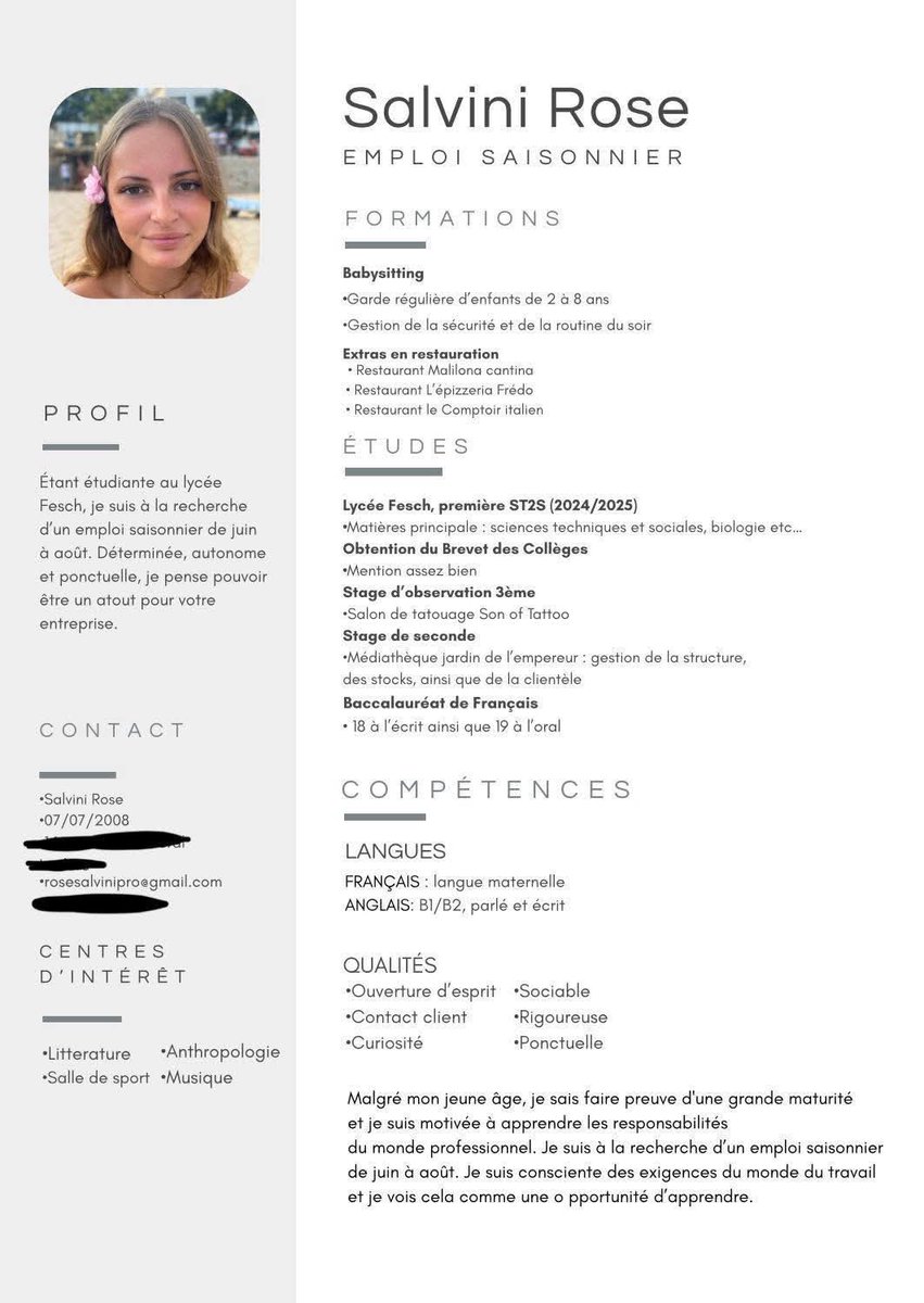 Partagez pour cette jeune Corse 
Bonjour !

Je suis activement à la recherche d'un emploi à temps partiel en temps que serveuse dans le centre ville d'Ajaccio. Je suis disponible les soirs en semaines ainsi que les weekend complet. À partir du mois de juin, je serais entièrement
