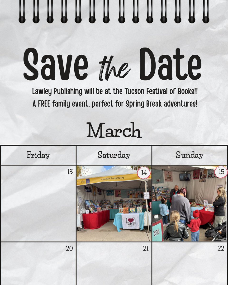 LawleyPublishi1's tweet photo. Lawley Publishing will be at the Tucson Festival of Books! Spend the weekend with us and explore all that this festival has to offer!! More info to come 👀

#tucsonfestivalofbooks #tucsonevents #lawleypublishing https://t.co/70FaTRoI6d