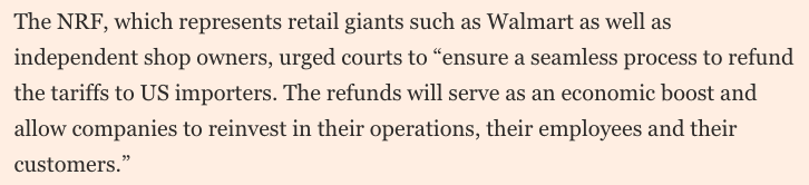 Da Walmart ai piccoli negozi, tutti esigono i rimborsi di quanto pagato. E li esigono subito. Ma come, i dazi non erano stati pagati dagli stranieri? 🤡

Si preannuncia una poderosa e incarognita guerra legale contro il governo federale. Pensate di quale beneficio per Trump al