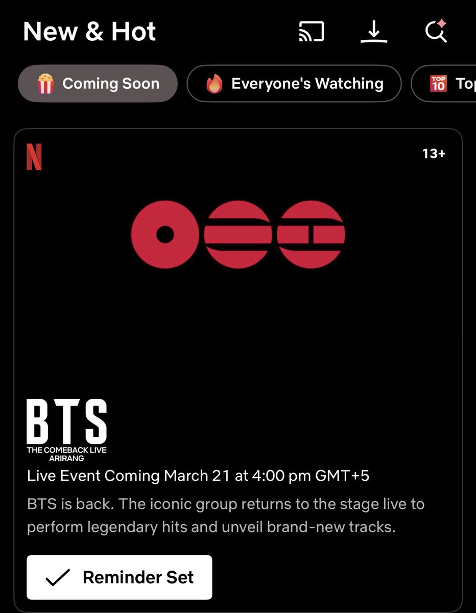 [📰 𝐍𝐄𝐖𝐒] 

BTS THE COMEBACK LIVE | ARIRANG is now on Netflix upcoming releases page..! 

#BTSxNetflix 
BTS x NETFLIX 
#BTS_ARIRANG
