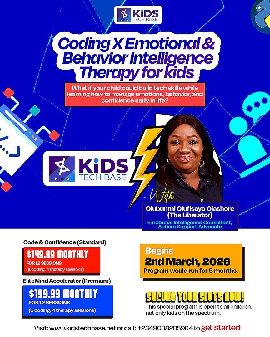KidsTechBase's tweet photo. Olubunmi Olufisayo Olashore,  known as The Liberator, is a transformational life coach, emotional intelligence consultant, and autism support advocate

Program starts: 2nd march 2026

Click on the link in Bio or send a dm
Enquiries: +2349038285964
Visit: https://t.co/OzapWKDdH2 https://t.co/R6m8X8qTAq