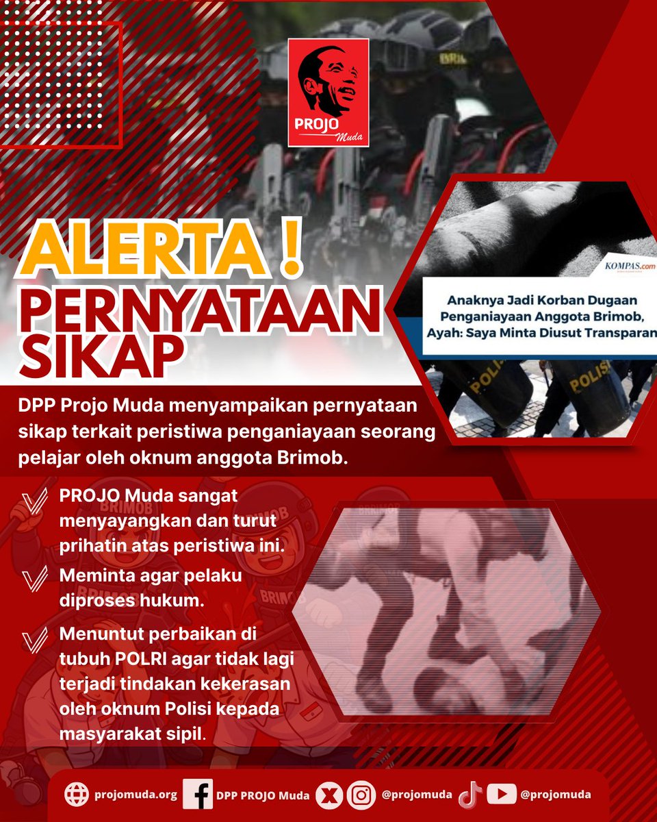 Projo_Muda's tweet photo. ALERTA !! Pernyataan Sikap. 

DPP Projo Muda menyampaikan pernyataan sikap terkait peristiwa penganiayaan seorang pelajar oleh oknum anggota Brimob di Maluku Tenggara. Kamis (19/2/2026) 
#alerta #justice #keadilan
@listyosigitprabowo @divisihumaspolri @humaskorpsbrimob https://t.co/jJUcdcXyQh