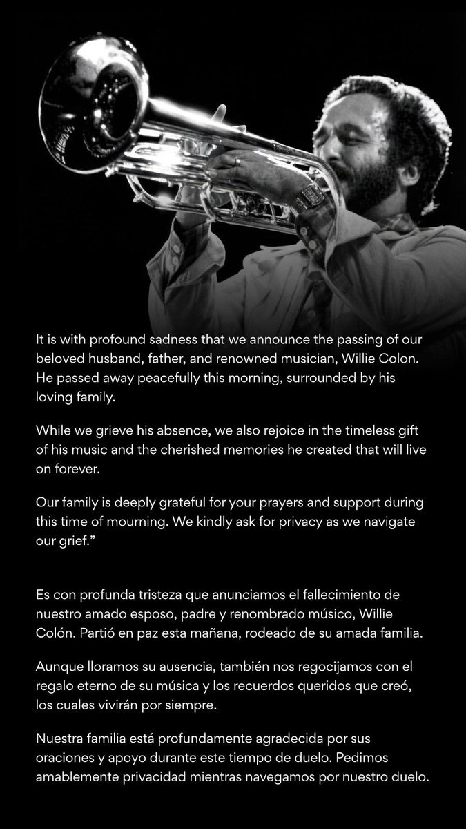 Murió un grande de la música. Está confirmado el fallecimiento del gran Willie Colón.

En un momento más información en lopezdoriga.com