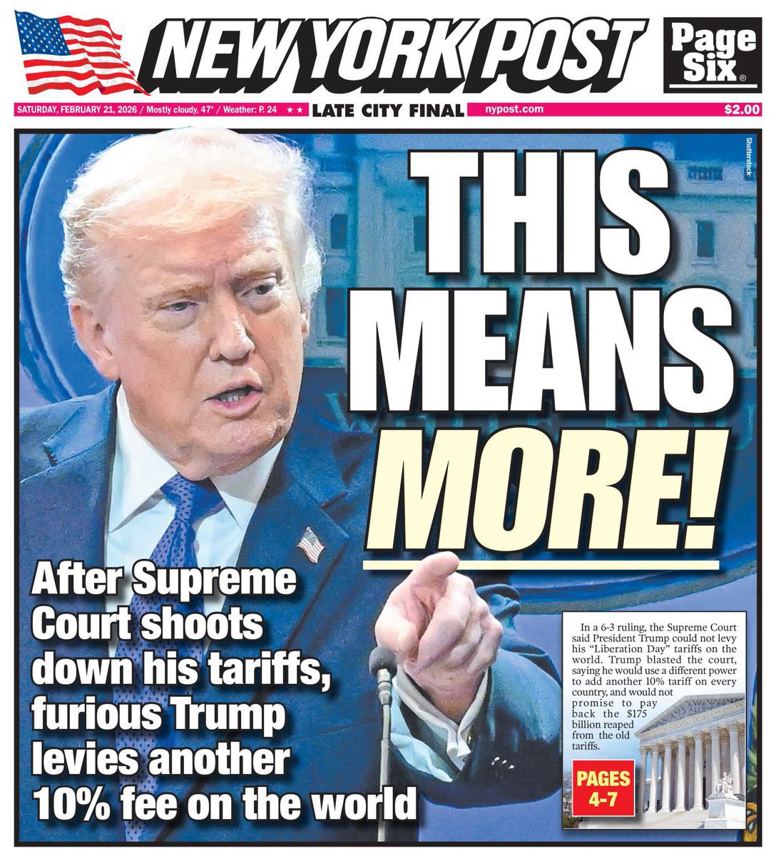 Friday 10:00 AM: SCOTUS strikes down Trump’s tariffs. 

Friday 1:00 PM: Trump uses a law from 1974 that allows him to keep tariffs in place plus an across the board 10% increase. 

Saturday 11:00 AM: Trump announces that tariffs will be increased to 15% worldwide. 

Checkmate!