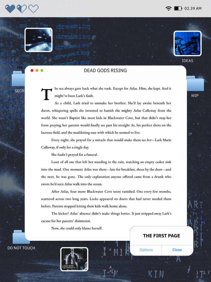 MDKerkhoven's tweet image. the author, the first page &amp;amp; the moodboard of 𝗗𝗘𝗔𝗗 𝗚𝗢𝗗𝗦 𝗥𝗜𝗦𝗜𝗡𝗚, my queer YA dark fantasy/horror 👀👾🌊 #amquerying