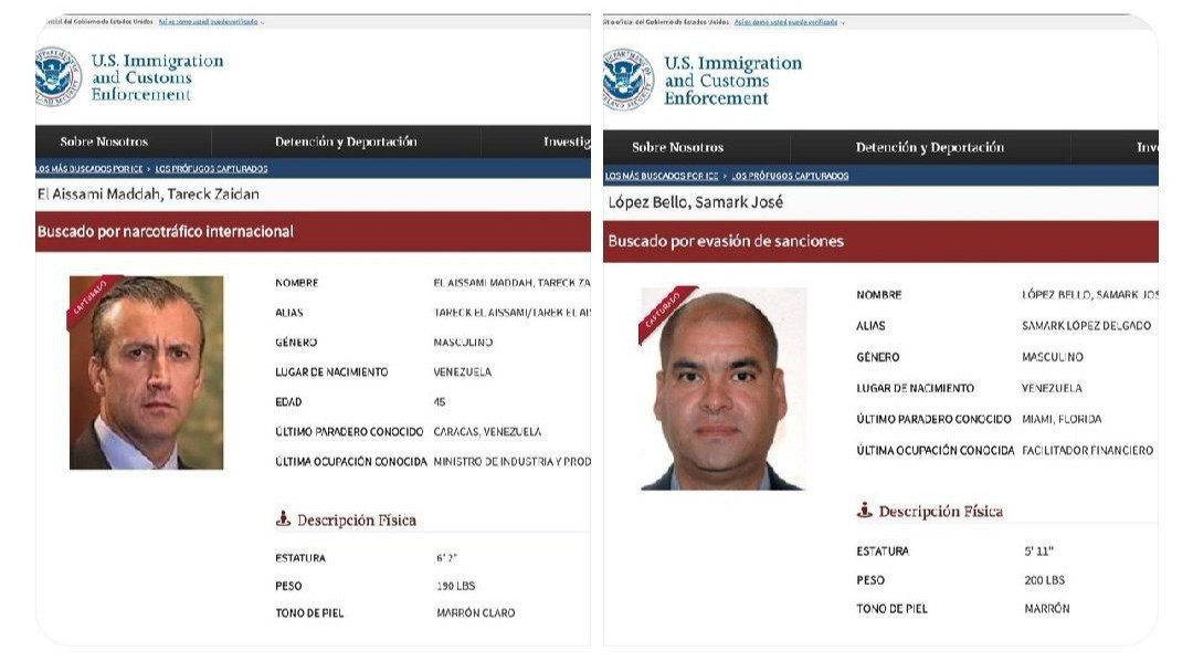 🇻🇪🚨| AHORA EN VENEZUELA: El régimen interino de Delcy Rodríguez habría entregado a Donald Trump a Tareck El Aissami y Samarck López Bello, dos figuras del chavismo que este le había reclamado.

Figuran como "capturados" en la página del ICE.