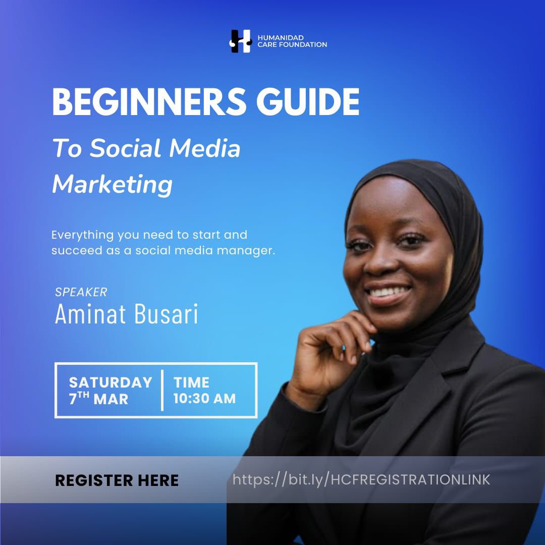 tundeskie's tweet photo. ✨ LEARNING O’CLOCK ✨

Meet Aminat Busari, our facilitator for this powerful session.

Theme: Beginners Guide to Social Media Marketing

Aminat is a Digital Marketer and Senior Social Media Analyst with over five years of experience helping brands grow, connect, and build visibility online. She is passionate about mentoring and equipping beginners with practical tools to thrive in the digital space.

🗓 March 7th, 2026
⏰ 10:30am
🔗 Register via the link in our bio or here https://t.co/rDKWgDgTTS

Start your journey into social media marketing with confidence.

#LearningOClock #HumanidadCareFoundation #SocialMediaMarketing #DigitalSkills