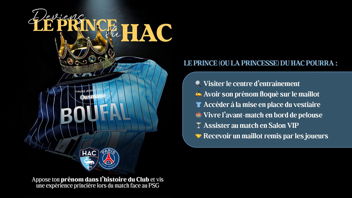 Dans une semaine, le Stade Océane aura son Prince ou sa Princesse ! 👑 

👀 Prêt(e) à vivre ça ?
Voici le déroulé de ton expérience royale.

🎟️ Lance ta quête du trône en prenant ton coupon sur la boutique en ligne
👉 urlr.me/!prince-du-hac