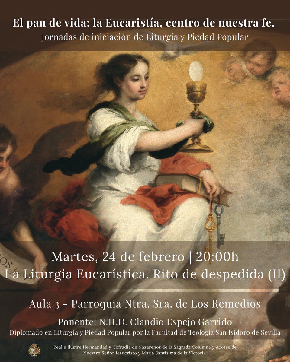 𝐉𝐎𝐑𝐍𝐀𝐃𝐀𝐒 𝐃𝐄 𝐋𝐈𝐓𝐔𝐑𝐆𝐈𝐀 

III SESIÓN: La Liturgia Eucarística. Rito de despedida. (II)

📅 Martes, 24 de febrero

🕗 20 horas

📍Aula 3 de la <a href="/prqlosremedios/">ParroquiaLosRemedios</a> 

🗣️ N.H.D. Claudio Espejo Garrido. Diplomado en Liturgia y Piedad Popular por la Facultad de Teología San