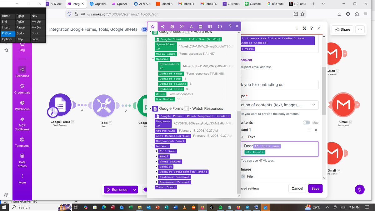 ORITSEJOLOMI7's tweet photo. I build my first full AI-powered https://t.co/NwPwP55qUj scenario for customer feedback:  Trigger: New Google Form response
→ Maps Name, Rating, Comments to Google Sheet
→ Sends personalized Gmail thank-you/follow-up
→ Filter: Only if Rating < 4 (ignore 5-stars to save time!). https://t.co/VwJGbN5iJU