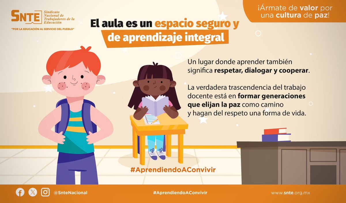 Á𝐫𝐦𝐚𝐭𝐞 𝐝𝐞 𝙫𝐚𝐥𝐨𝐫, 𝐩𝐨𝐫 𝐮𝐧𝐚 𝐜𝐮𝐥𝐭𝐮𝐫𝐚 𝐝𝐞 𝐩𝐚𝐳

🏫 Apoyemos el trabajo de maestras y maestros en el aula para que las futuras generaciones de hombres y mujeres aprendan a convivir en armonía.☝🏻
¡Únete!
👉 snte.org.mx/cultura-paz/
#AprendiendoAConvivir